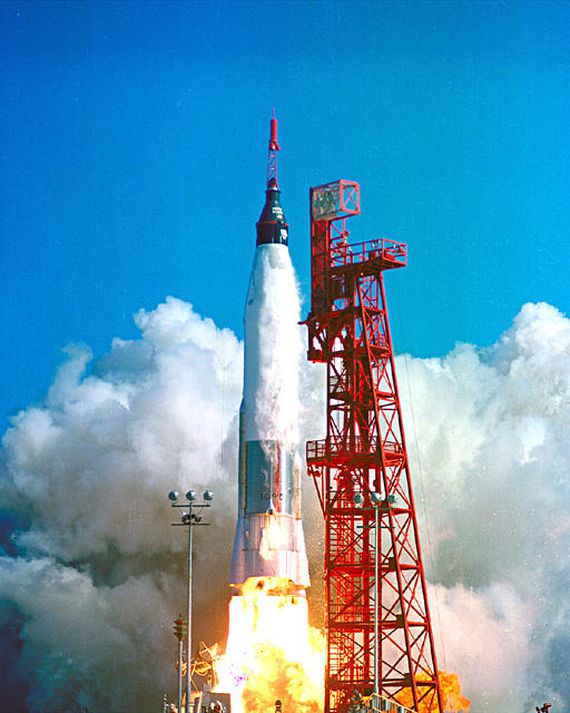 Mercury-Atlas rocket carrying John Glenn’s Friendship 7 capsule lifts off